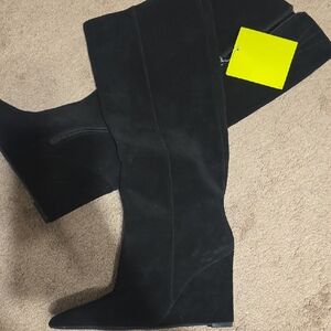 Women's Black Suede Wedge Knee-High Boots
